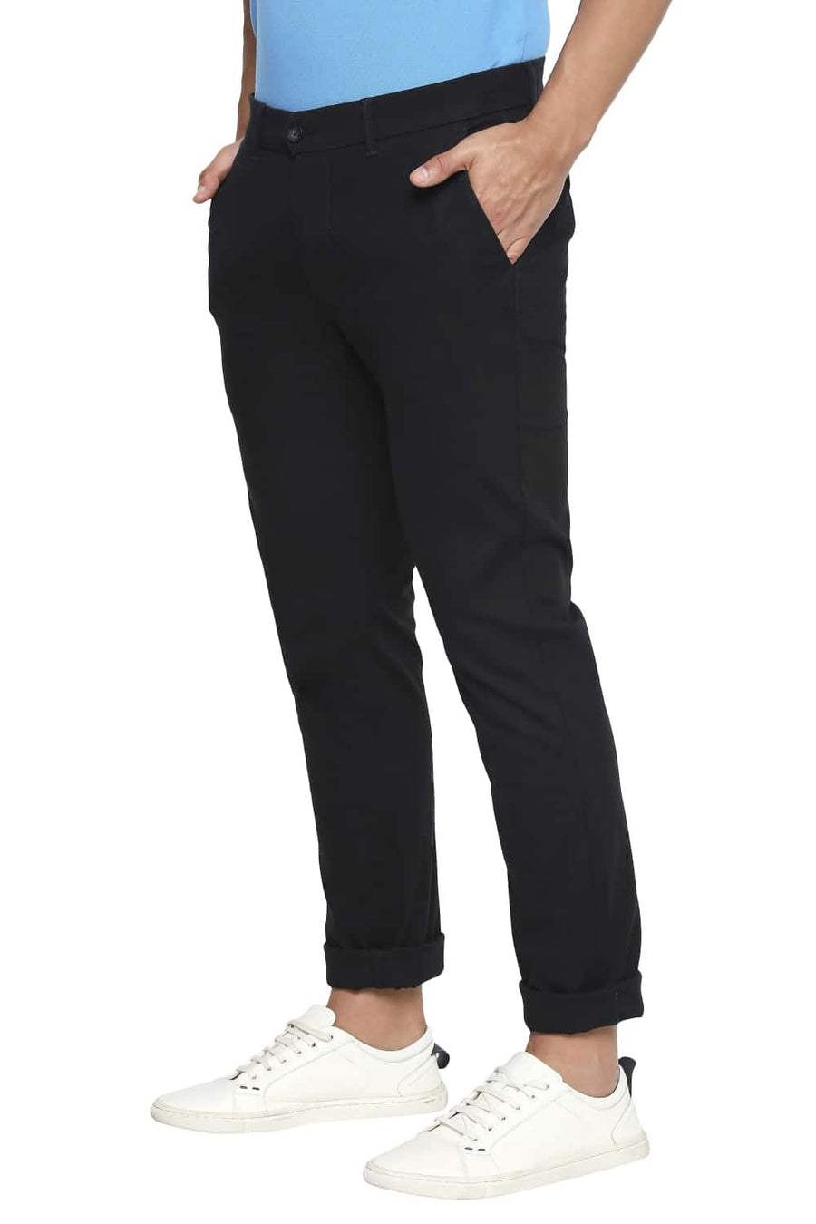BASICS TAPERED FIT LIMO BLACK STRETCH TROUSERS