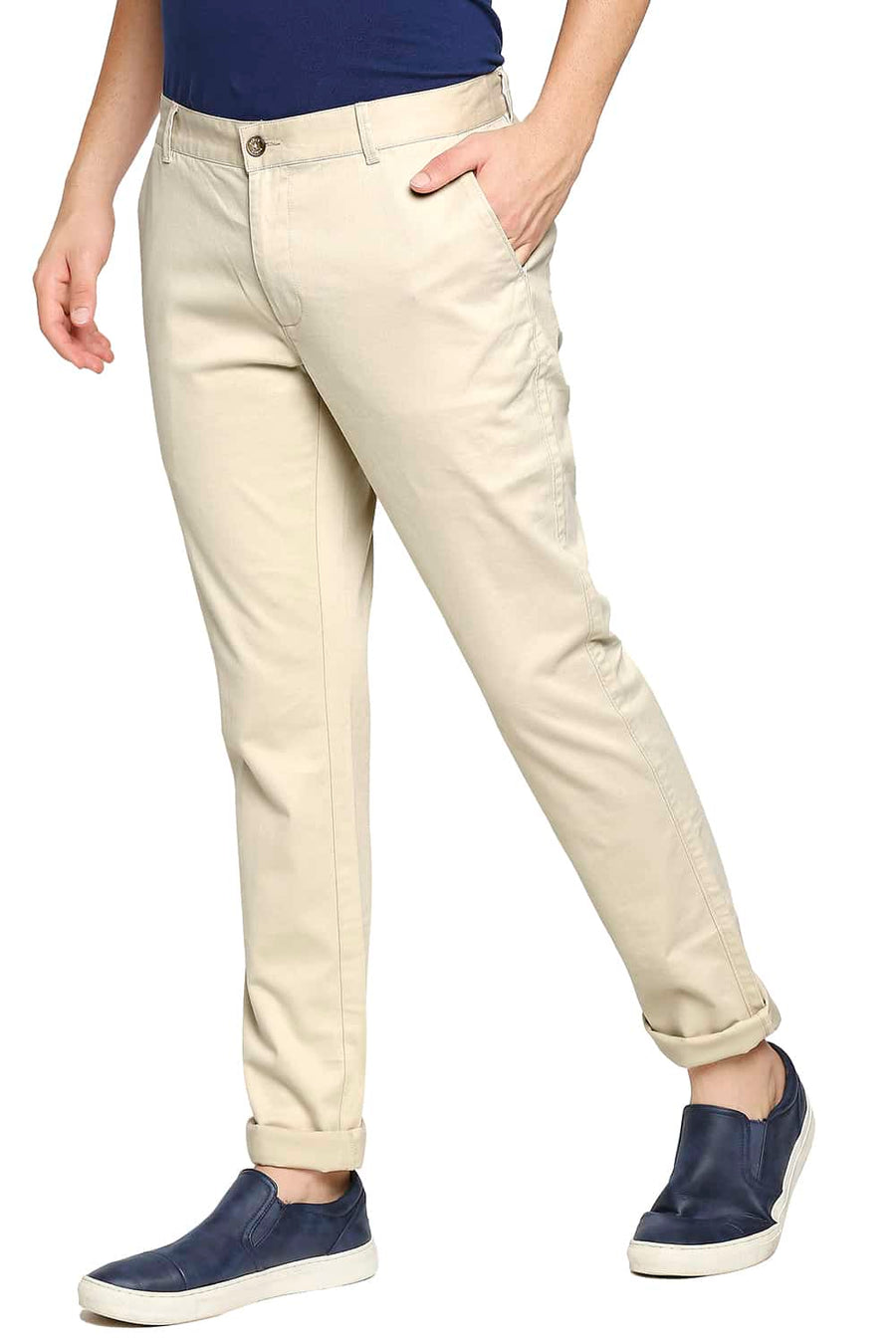 BASICS TAPERED FIT ALMOND BEIGE STRETCH TROUSER
