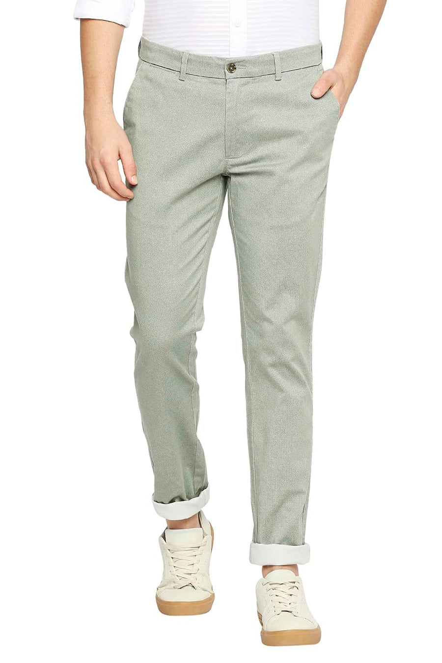 BASICS TAPERED FIT HEDGE GREEN STRETCH TROUSER