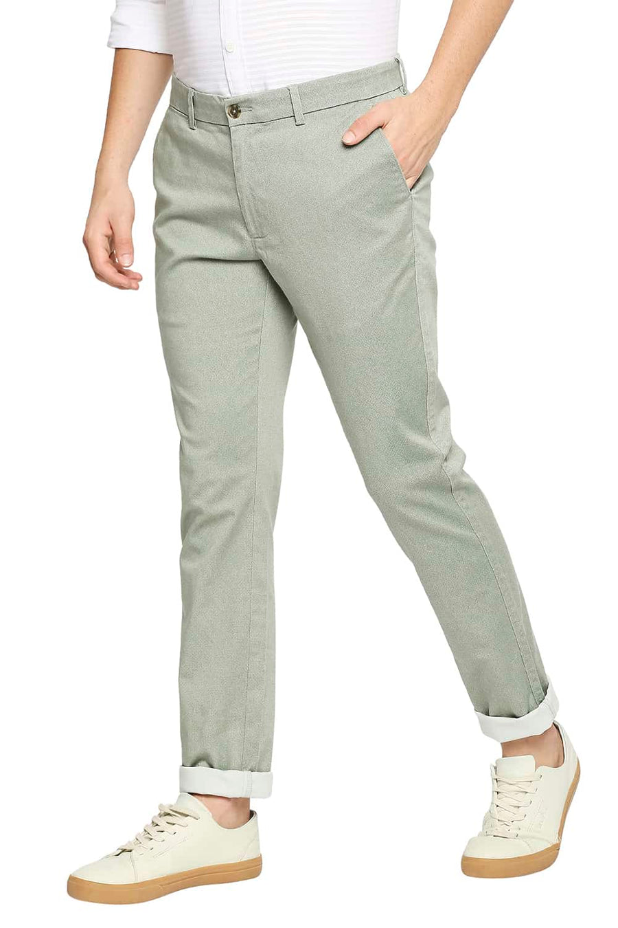 BASICS TAPERED FIT HEDGE GREEN STRETCH TROUSER