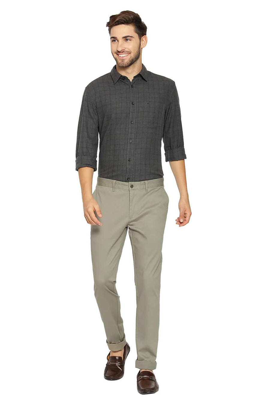 BASICS TAPERED FIT VETIVER GREEN STRETCH TROUSERS