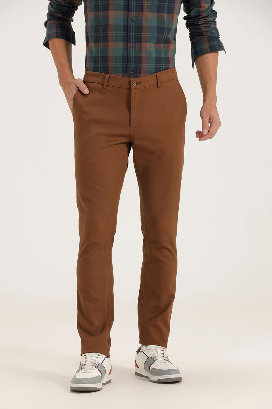 BASICS TAPERED FIT COCOA BROWN STRETCH TROUSERS