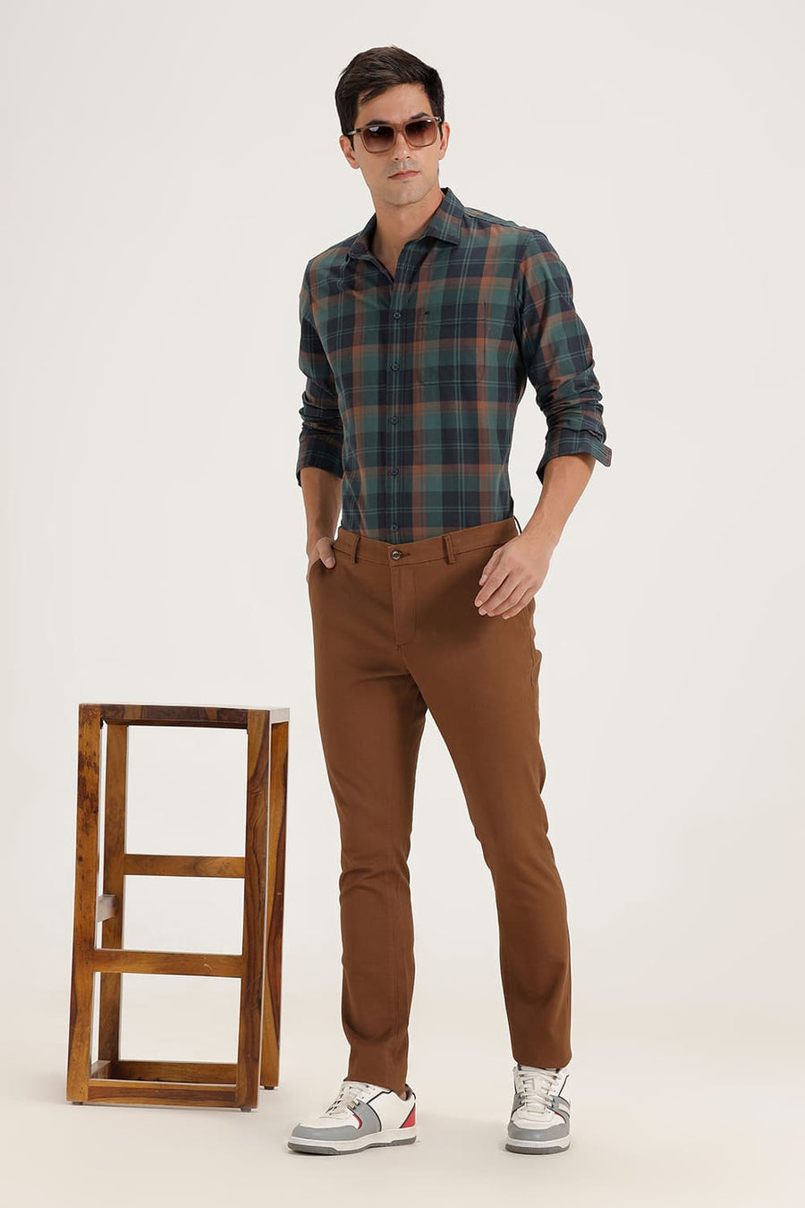 BASICS TAPERED FIT COCOA BROWN STRETCH TROUSERS