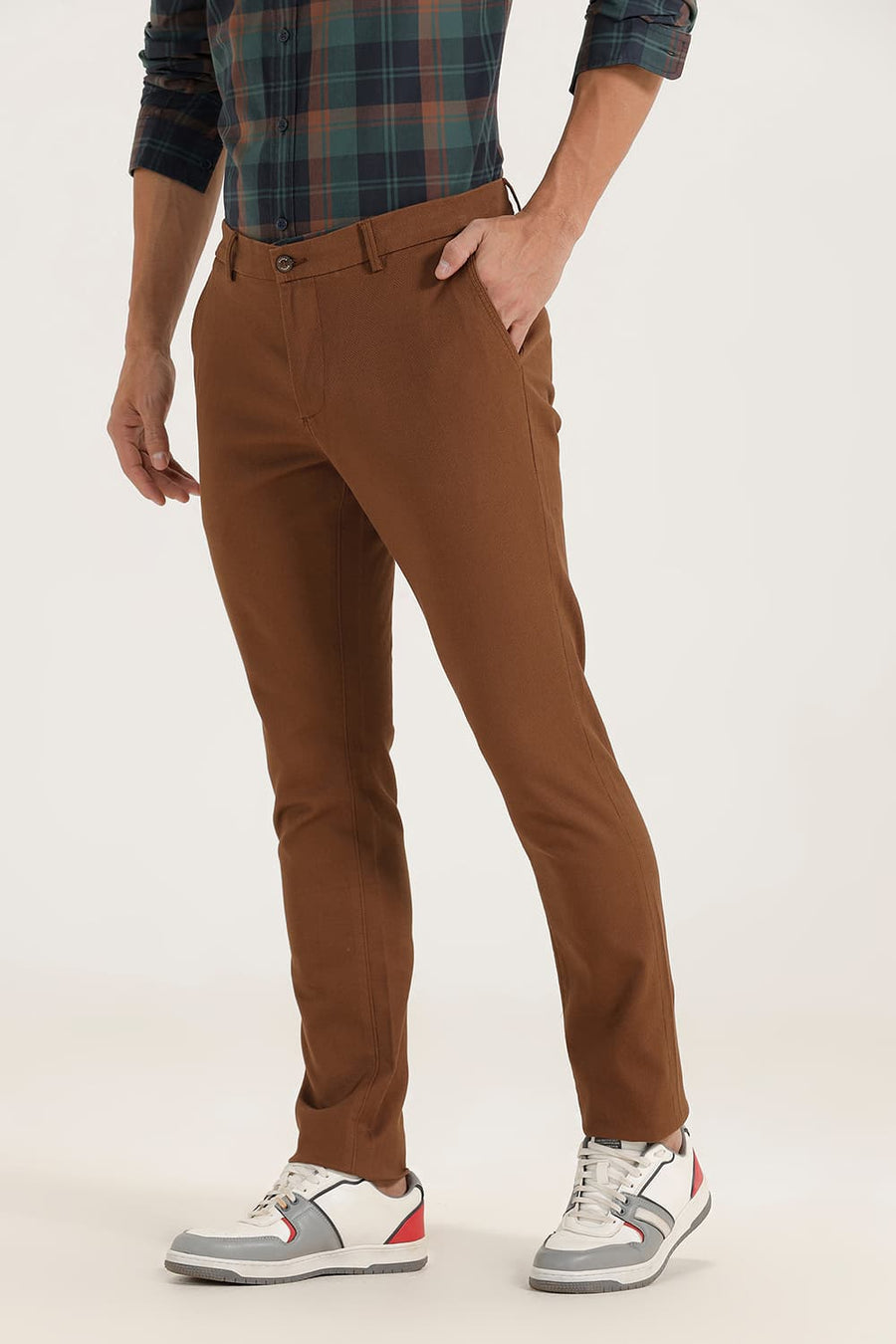 BASICS TAPERED FIT COCOA BROWN STRETCH TROUSERS