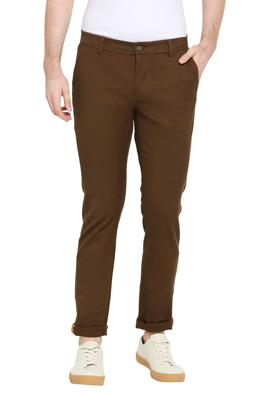BASICS TAPERED FIT COCOA BROWN STRETCH TROUSERS
