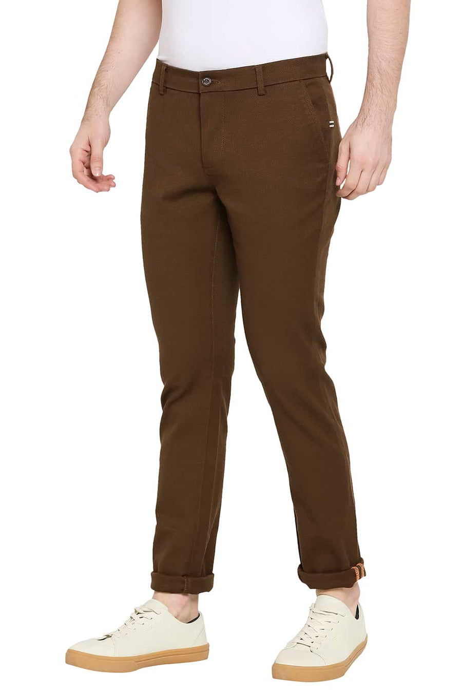 BASICS TAPERED FIT COCOA BROWN STRETCH TROUSERS