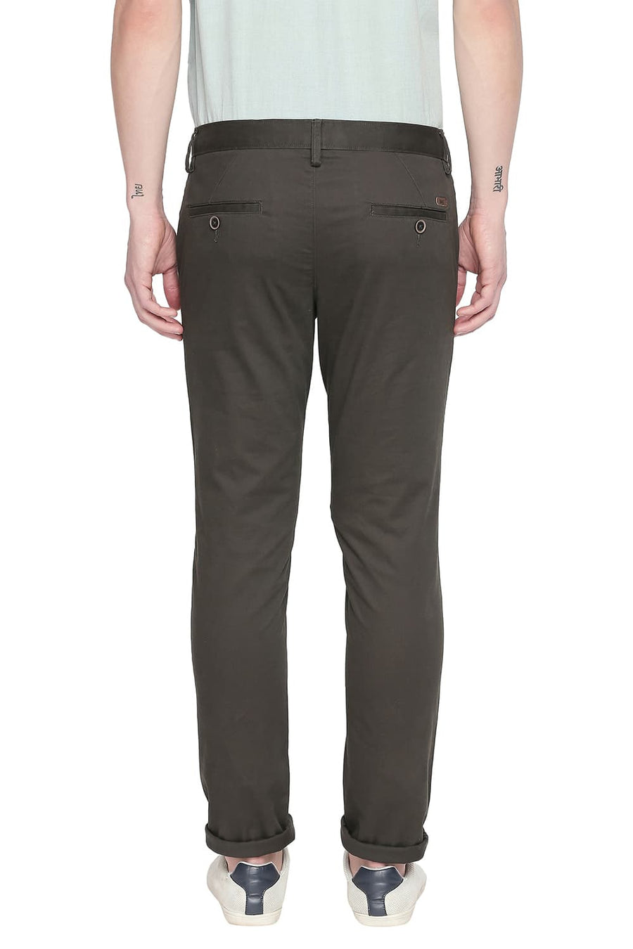 BASICS TAPERED FIT LEAF OLIVE STRETCH TROUSER