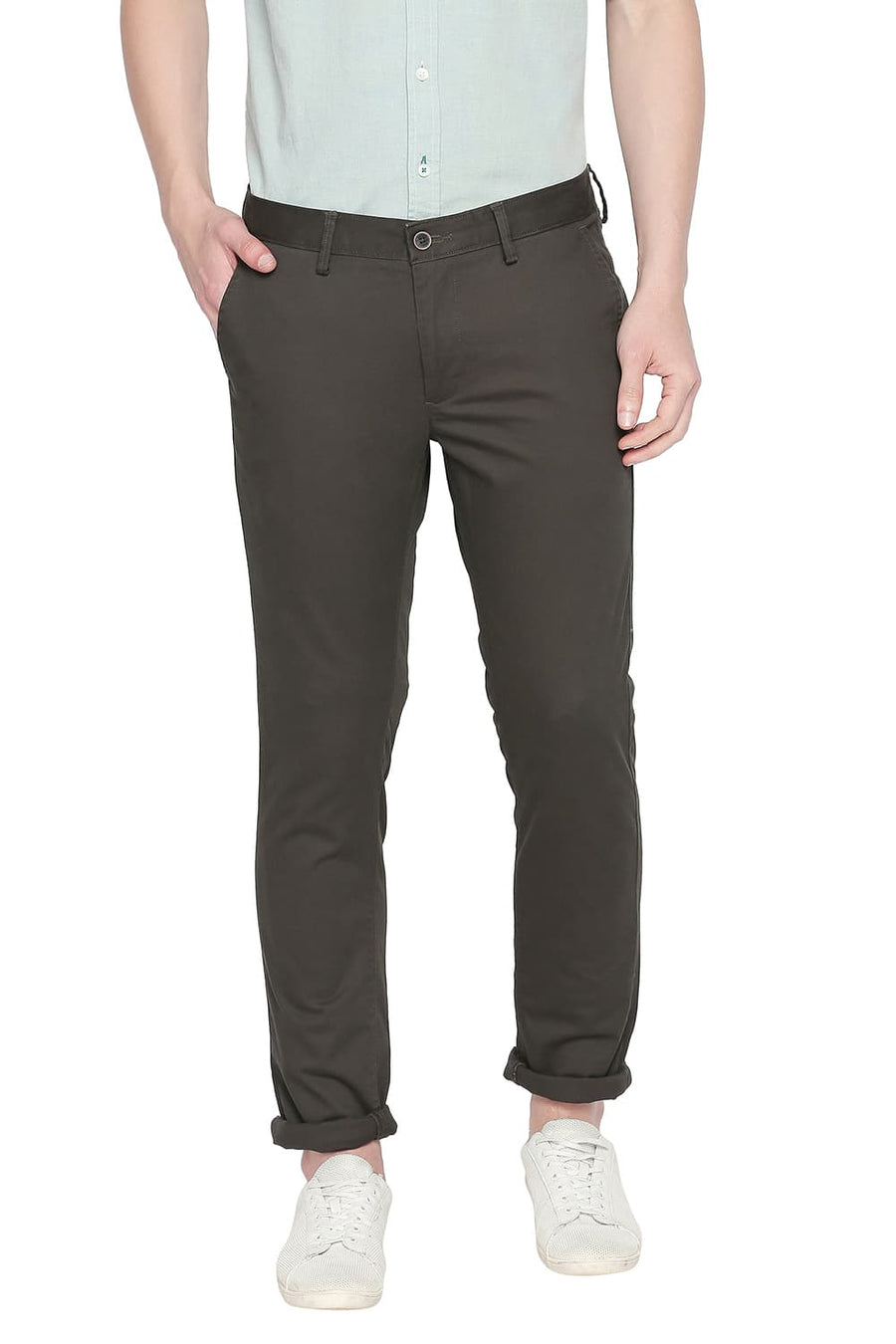 BASICS TAPERED FIT LEAF OLIVE STRETCH TROUSER