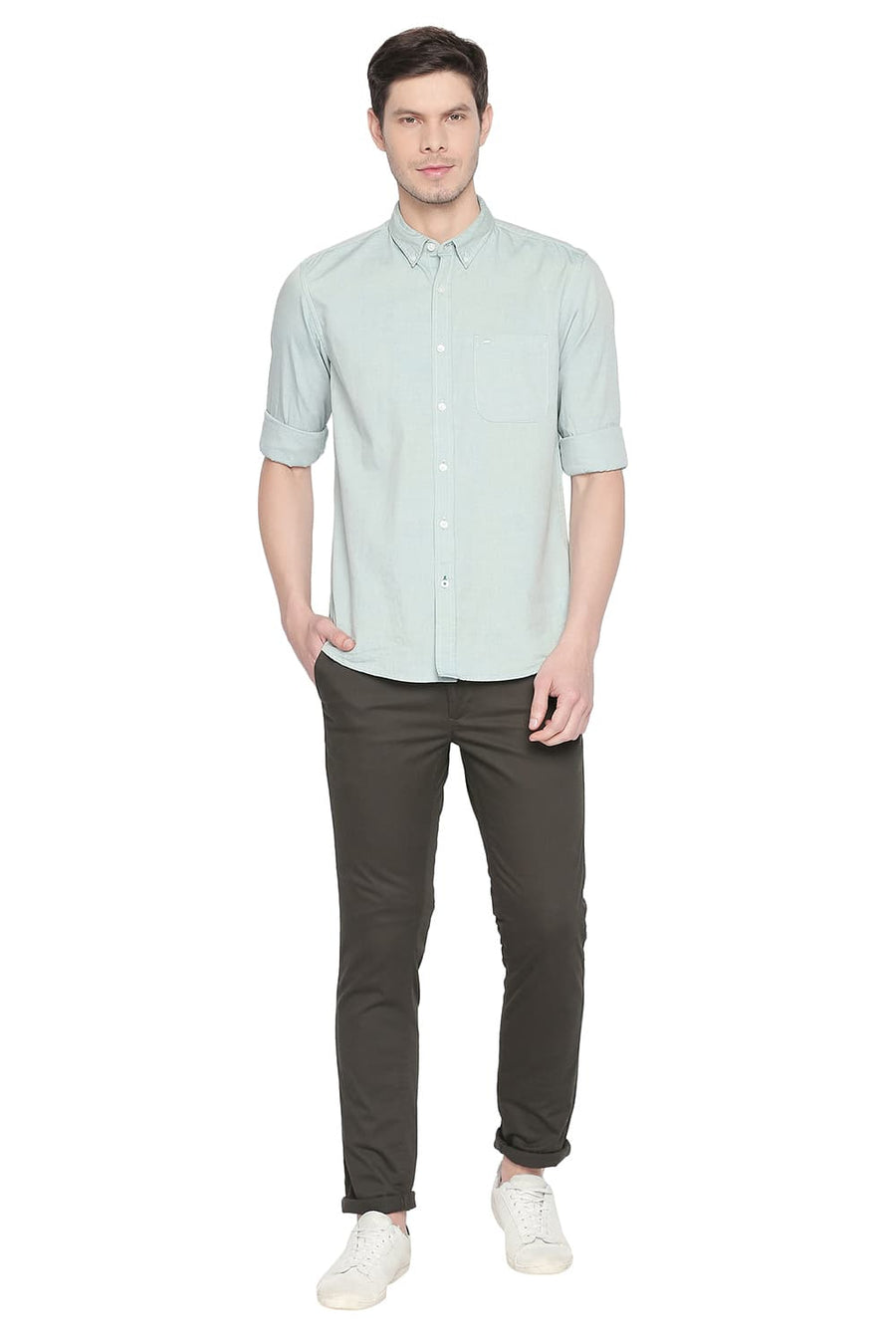 BASICS TAPERED FIT LEAF OLIVE STRETCH TROUSER