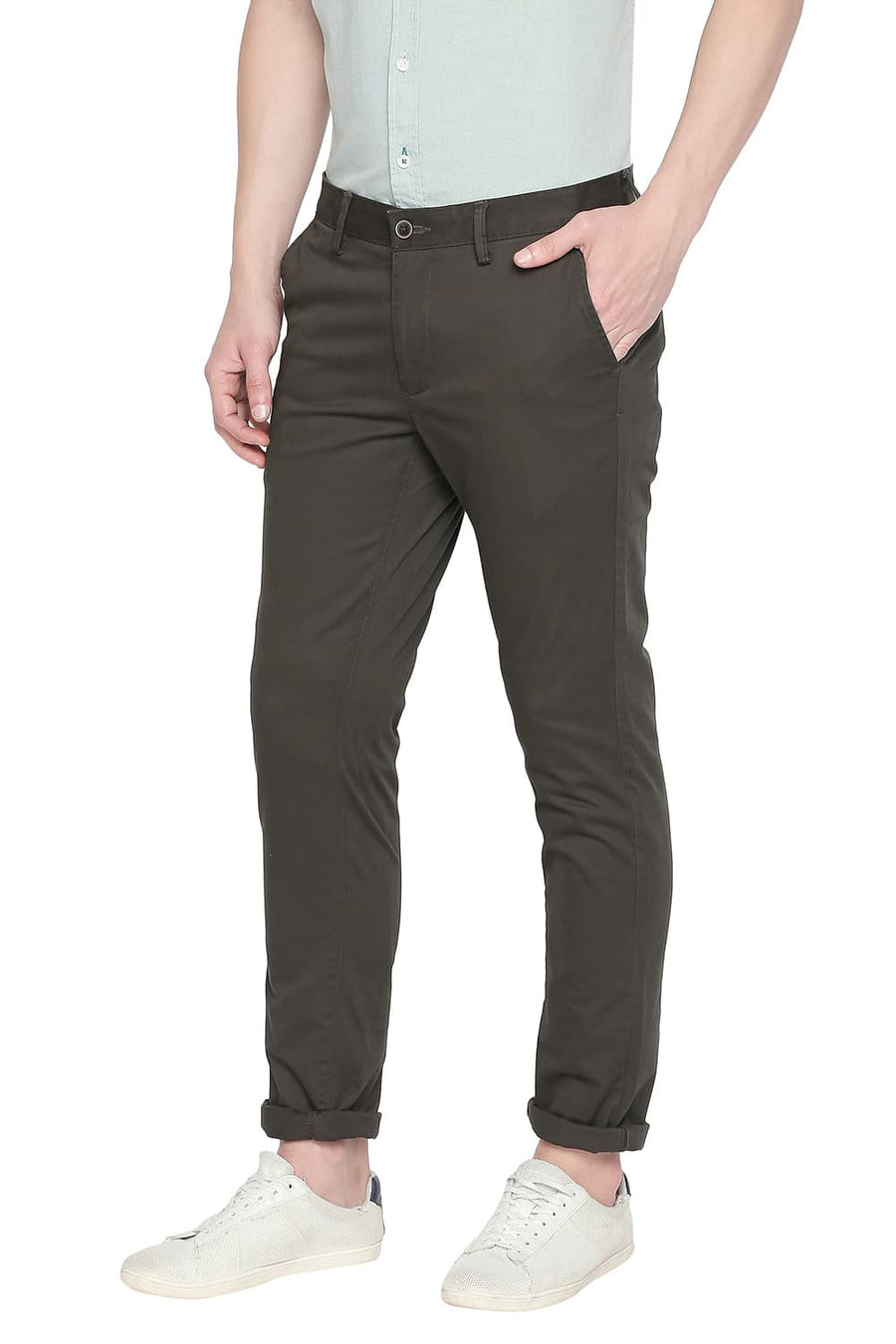 BASICS TAPERED FIT LEAF OLIVE STRETCH TROUSER