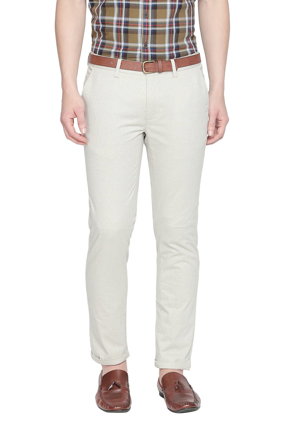 BASICS TAPERED FIT DOVE ECRU PRINTED STRETCH TROUSER WITH BELT
