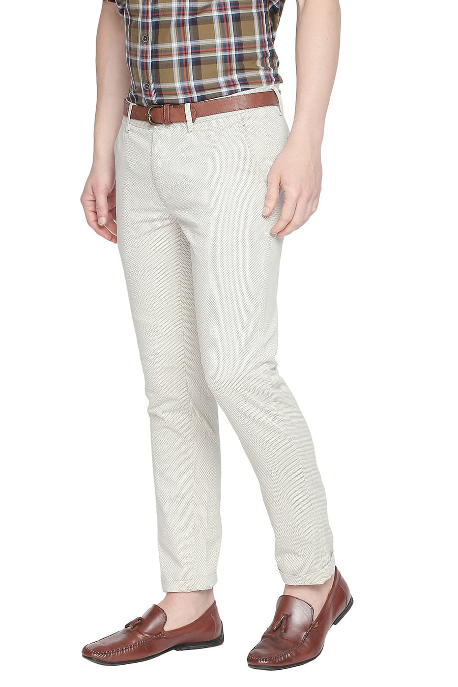 BASICS TAPERED FIT DOVE ECRU PRINTED STRETCH TROUSER WITH BELT