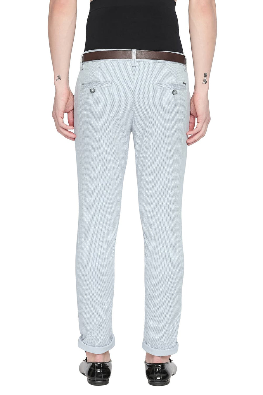 BASICS TAPERED FIT HIGH RISE PRINTED STRETCH TROUSER WITH BELT