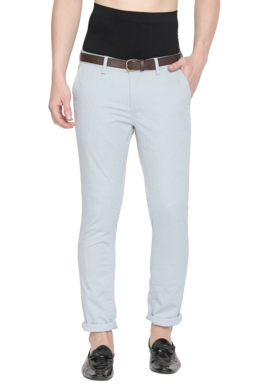 BASICS TAPERED FIT HIGH RISE PRINTED STRETCH TROUSER WITH BELT