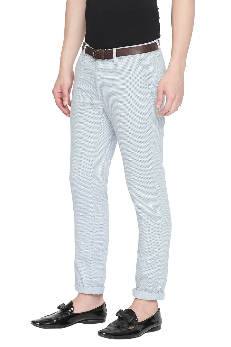 BASICS TAPERED FIT HIGH RISE PRINTED STRETCH TROUSER WITH BELT