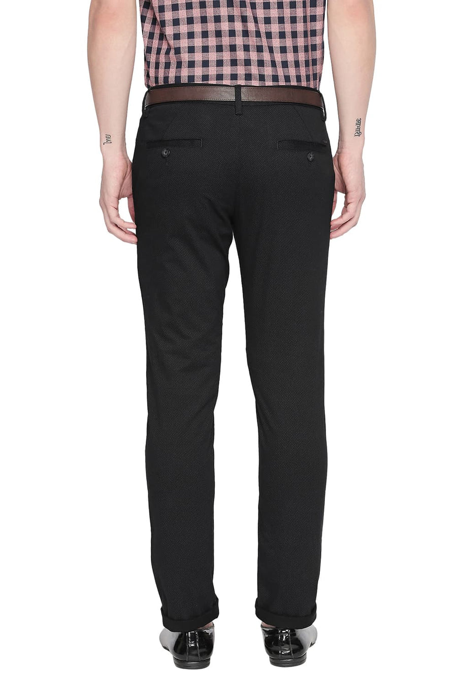BASICS TAPERED FIT CAVIAR BLACK PRINTED STRETCH TROUSER WITH BELT