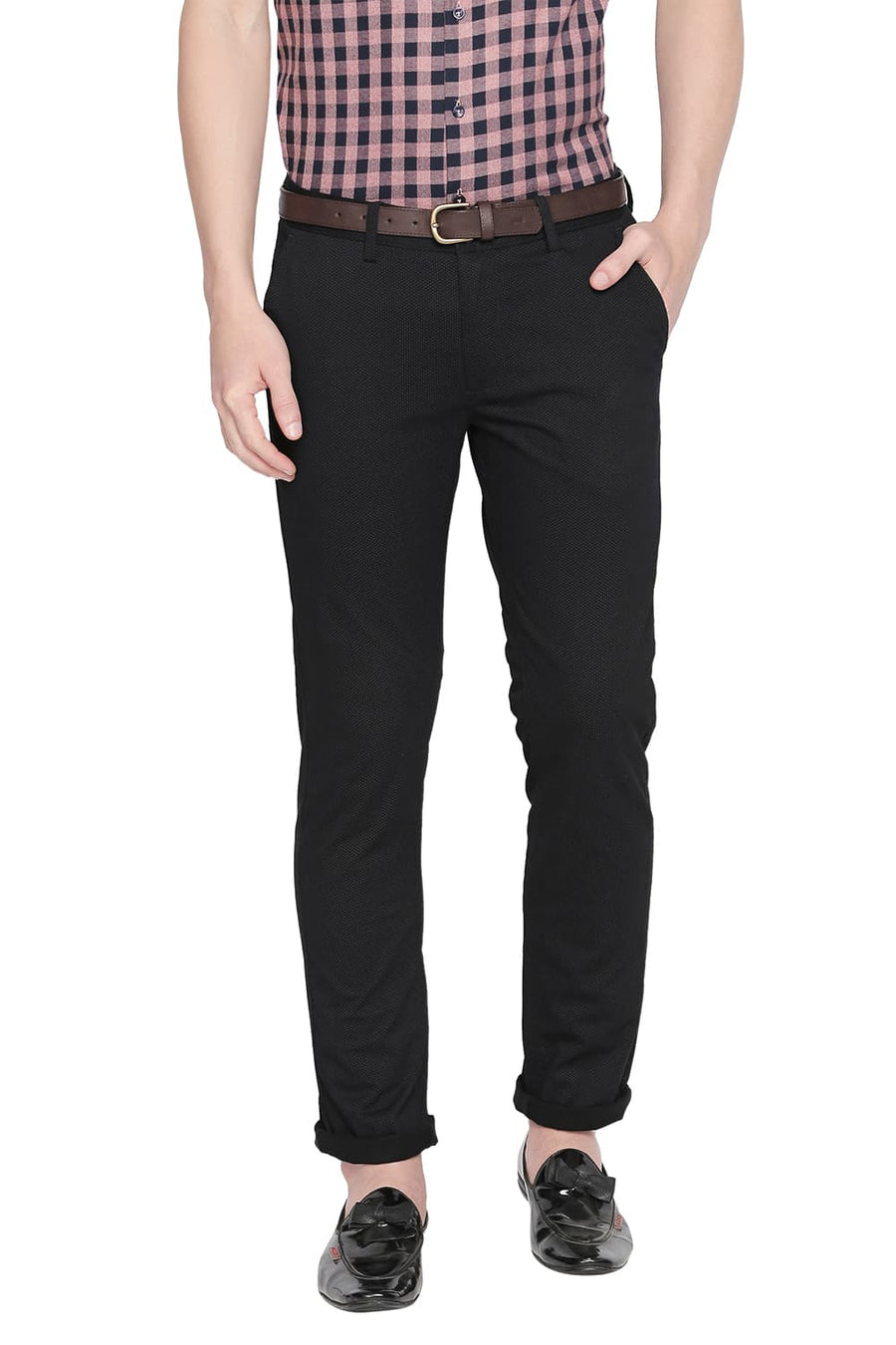 BASICS TAPERED FIT CAVIAR BLACK PRINTED STRETCH TROUSER WITH BELT