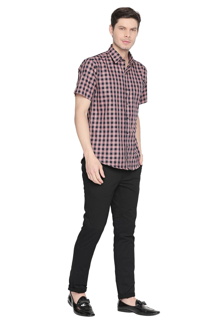 BASICS TAPERED FIT CAVIAR BLACK PRINTED STRETCH TROUSER WITH BELT