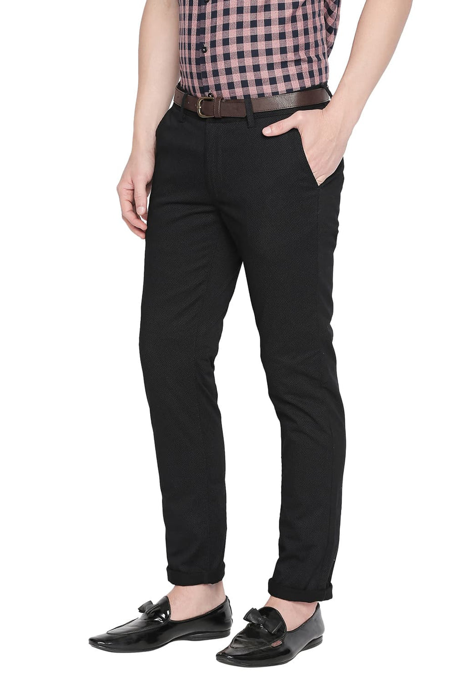BASICS TAPERED FIT CAVIAR BLACK PRINTED STRETCH TROUSER WITH BELT