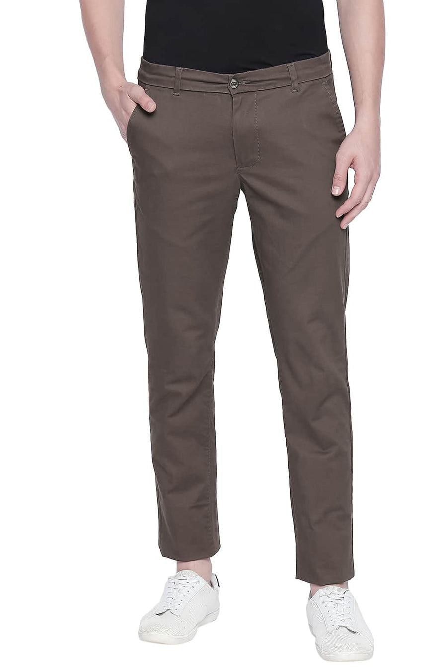 BASICS TAPERED FIT DARK EARTH STRETCH TROUSER