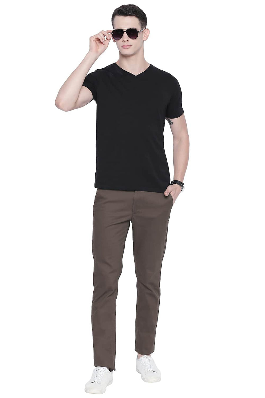 BASICS TAPERED FIT DARK EARTH STRETCH TROUSER