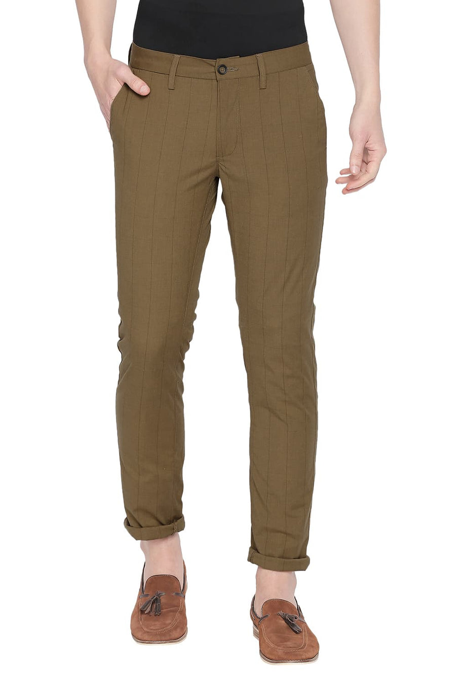 BASICS TAPERED FIT BREEN BROWN STRETCH TROUSER