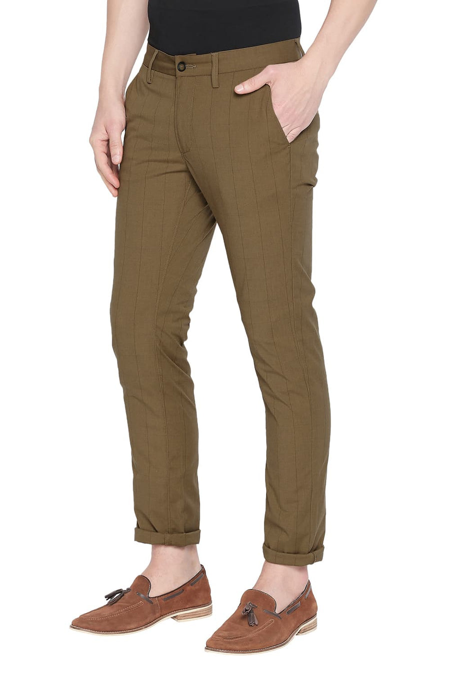 BASICS TAPERED FIT BREEN BROWN STRETCH TROUSER