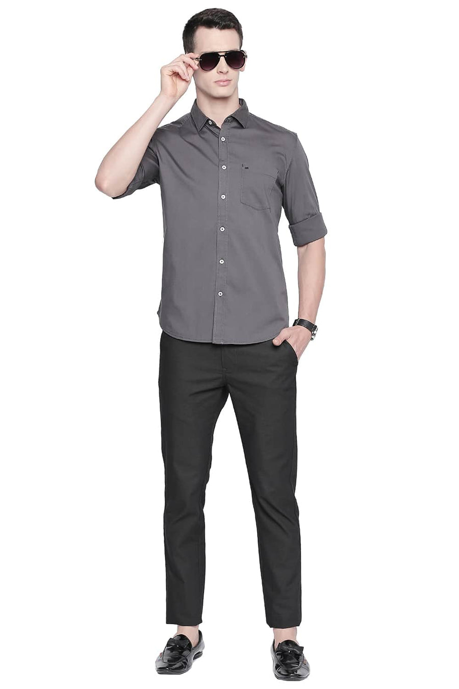 BASICS TAPERED FIT PEAT GREY STRETCH TROUSER