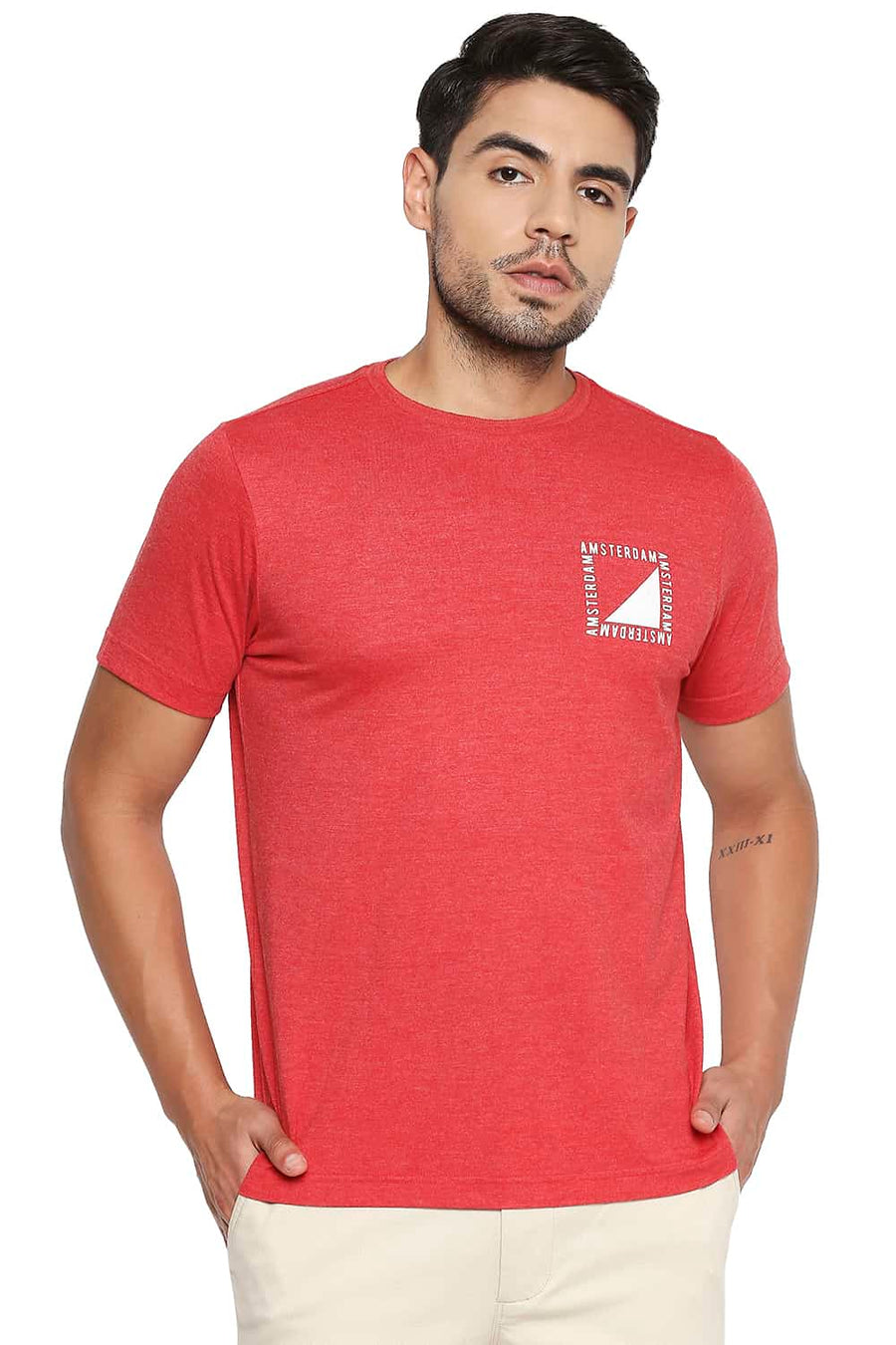 BASICS MUSCLE FIT SALSA HEATHER CREW NECK T SHIRT