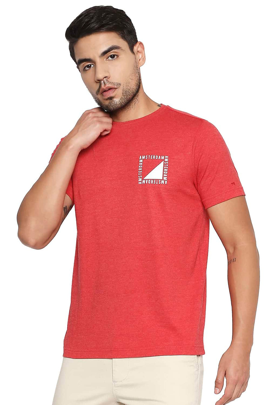 BASICS MUSCLE FIT SALSA HEATHER CREW NECK T SHIRT