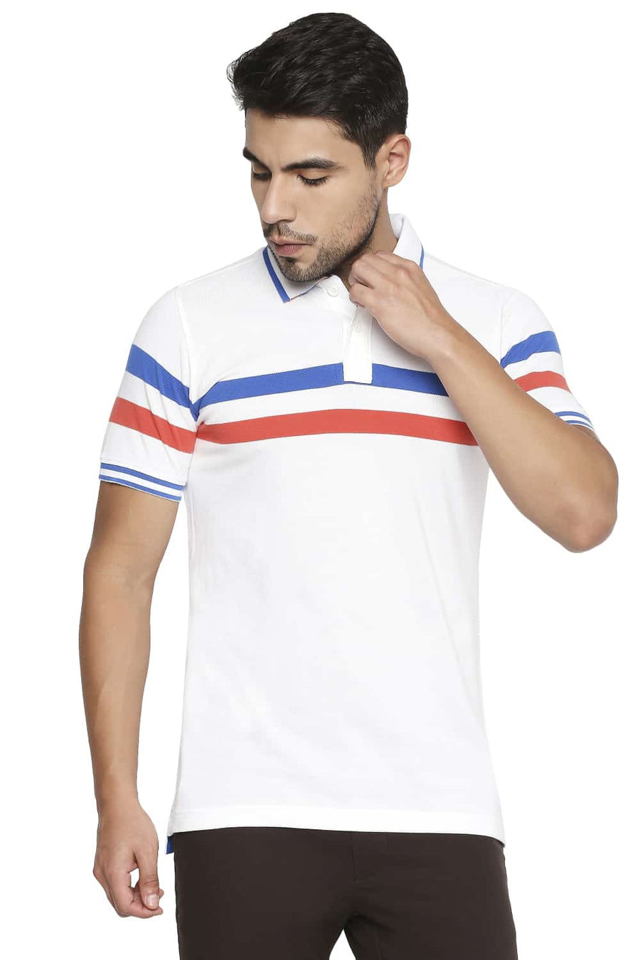 BASICS MUSCLE FIT BRIGHT WHITE ENGINEERED STRIPE POLO T SHIRT