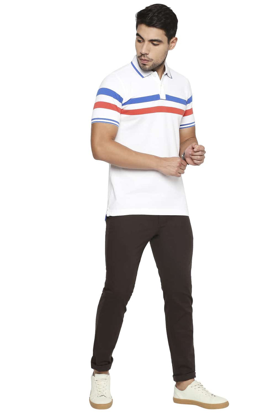 BASICS MUSCLE FIT BRIGHT WHITE ENGINEERED STRIPE POLO T SHIRT