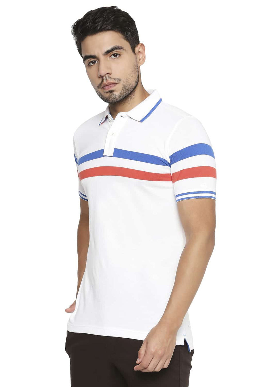 BASICS MUSCLE FIT BRIGHT WHITE ENGINEERED STRIPE POLO T SHIRT