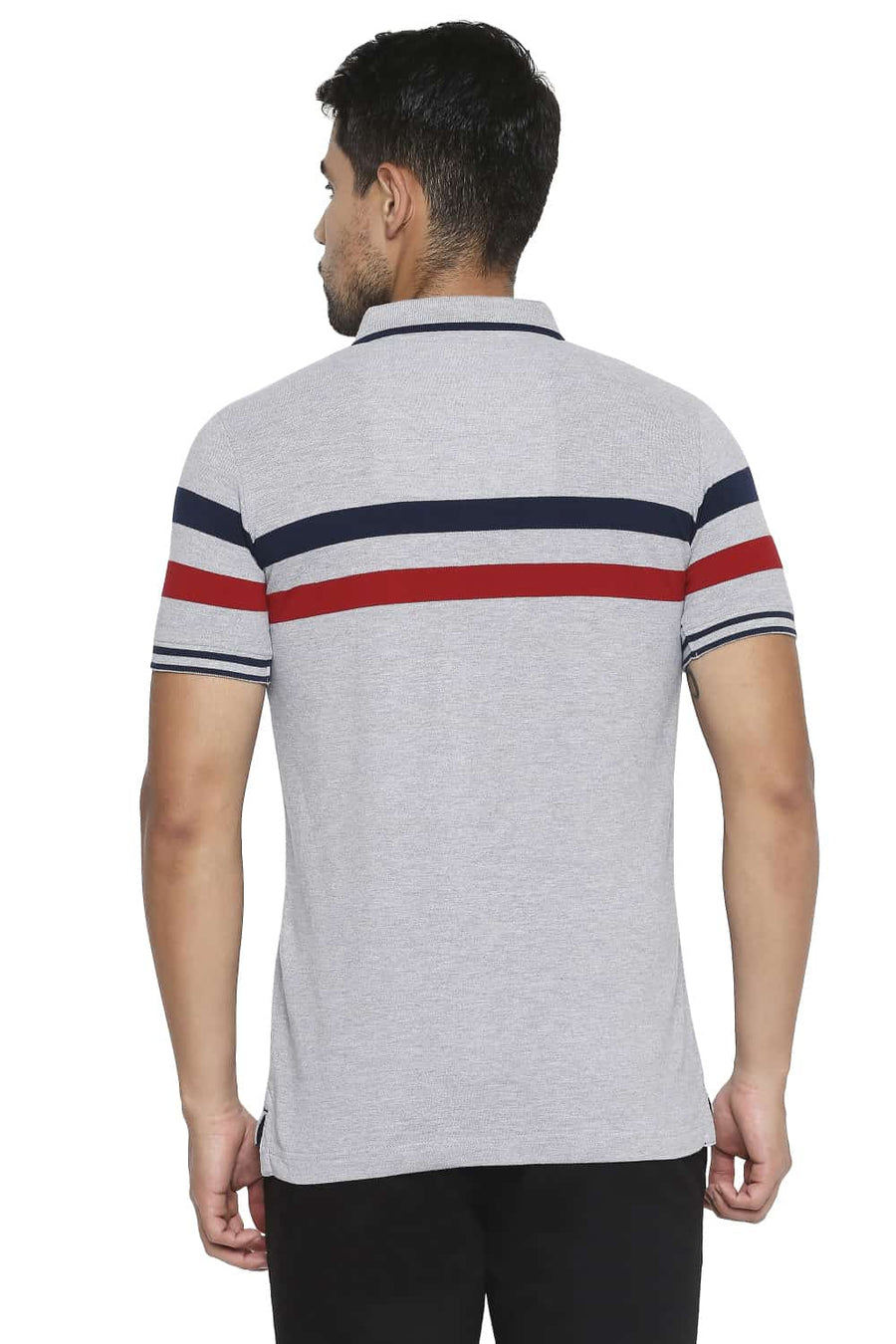 BASICS MUSCLE FIT HEATHER GREY ENGINEERED STRIPE POLO T SHIRT