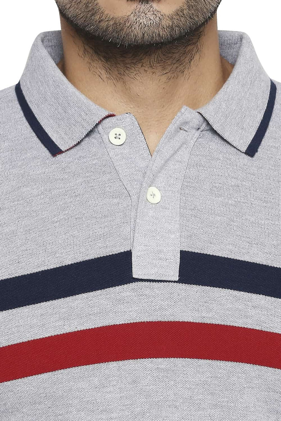 BASICS MUSCLE FIT HEATHER GREY ENGINEERED STRIPE POLO T SHIRT