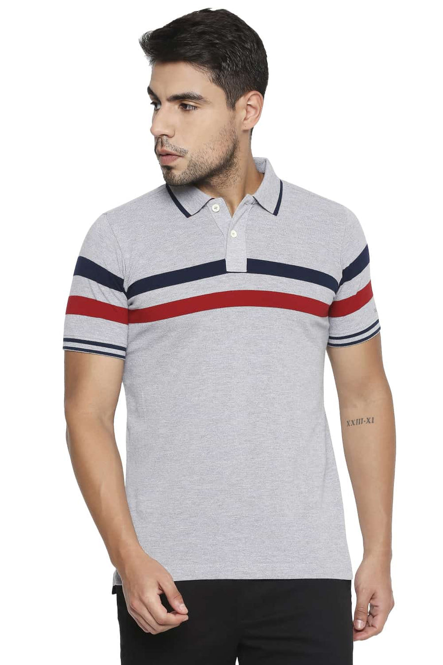 BASICS MUSCLE FIT HEATHER GREY ENGINEERED STRIPE POLO T SHIRT