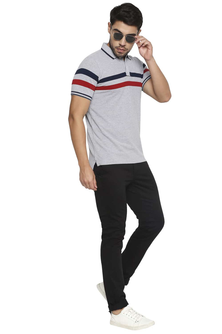 BASICS MUSCLE FIT HEATHER GREY ENGINEERED STRIPE POLO T SHIRT