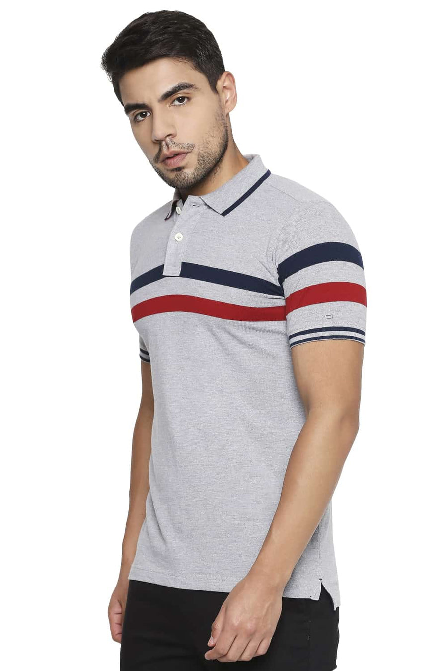 BASICS MUSCLE FIT HEATHER GREY ENGINEERED STRIPE POLO T SHIRT