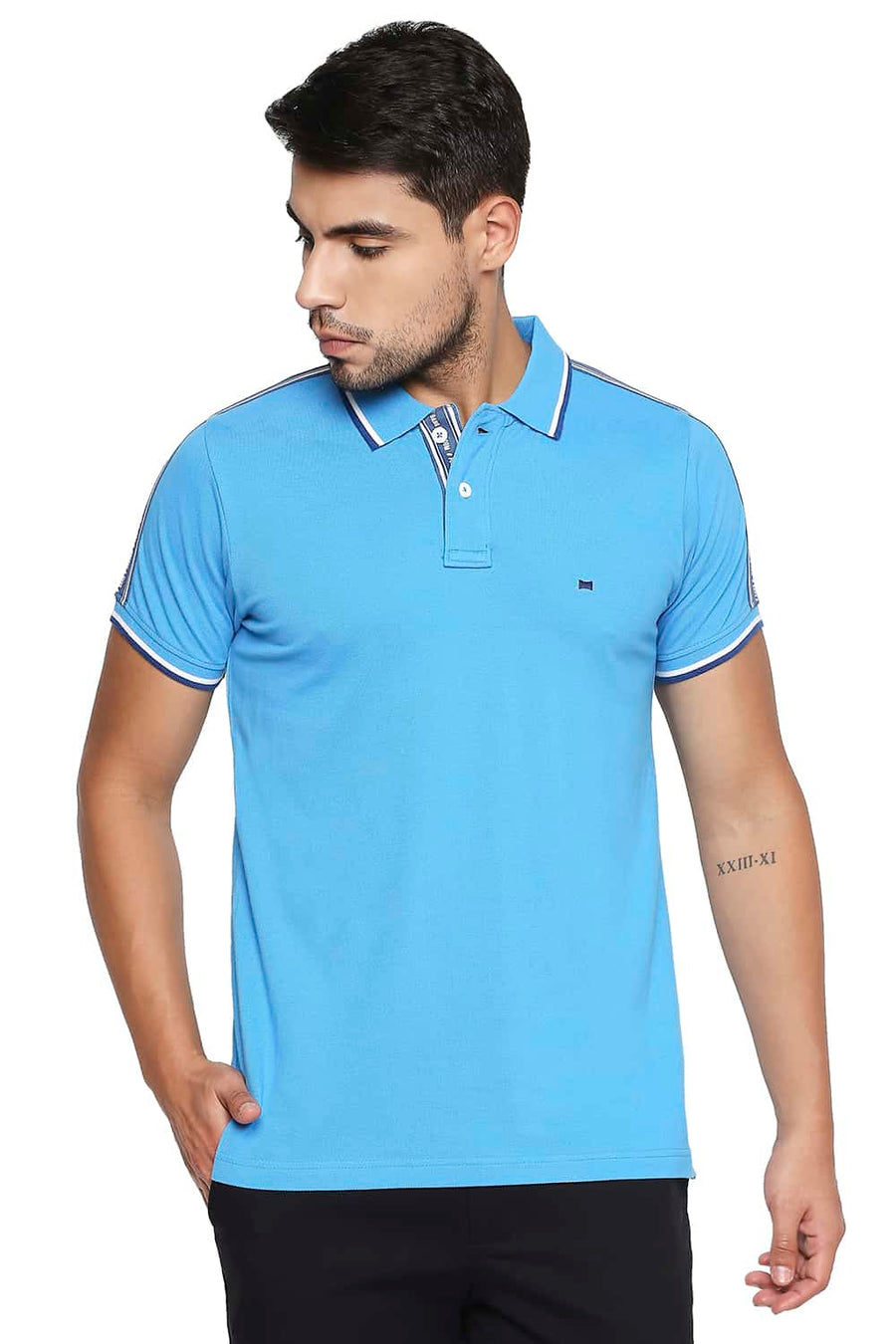 BASICS MUSCLE FIT MALIBU BLUE POLO T SHIRT