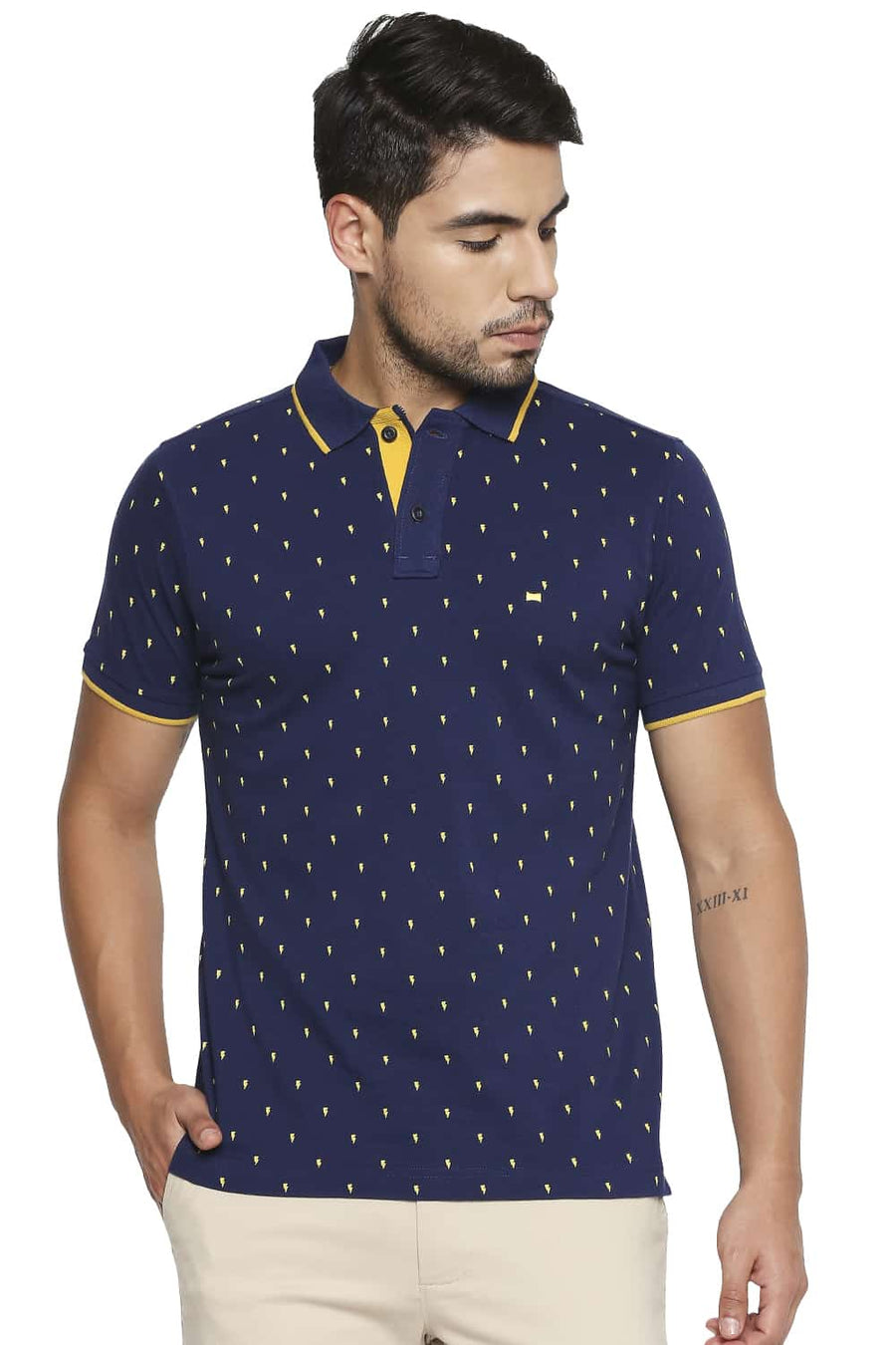 BASICS MUSCLE FIT MEDIEVAL BLUE PRINTED POLO T SHIRT