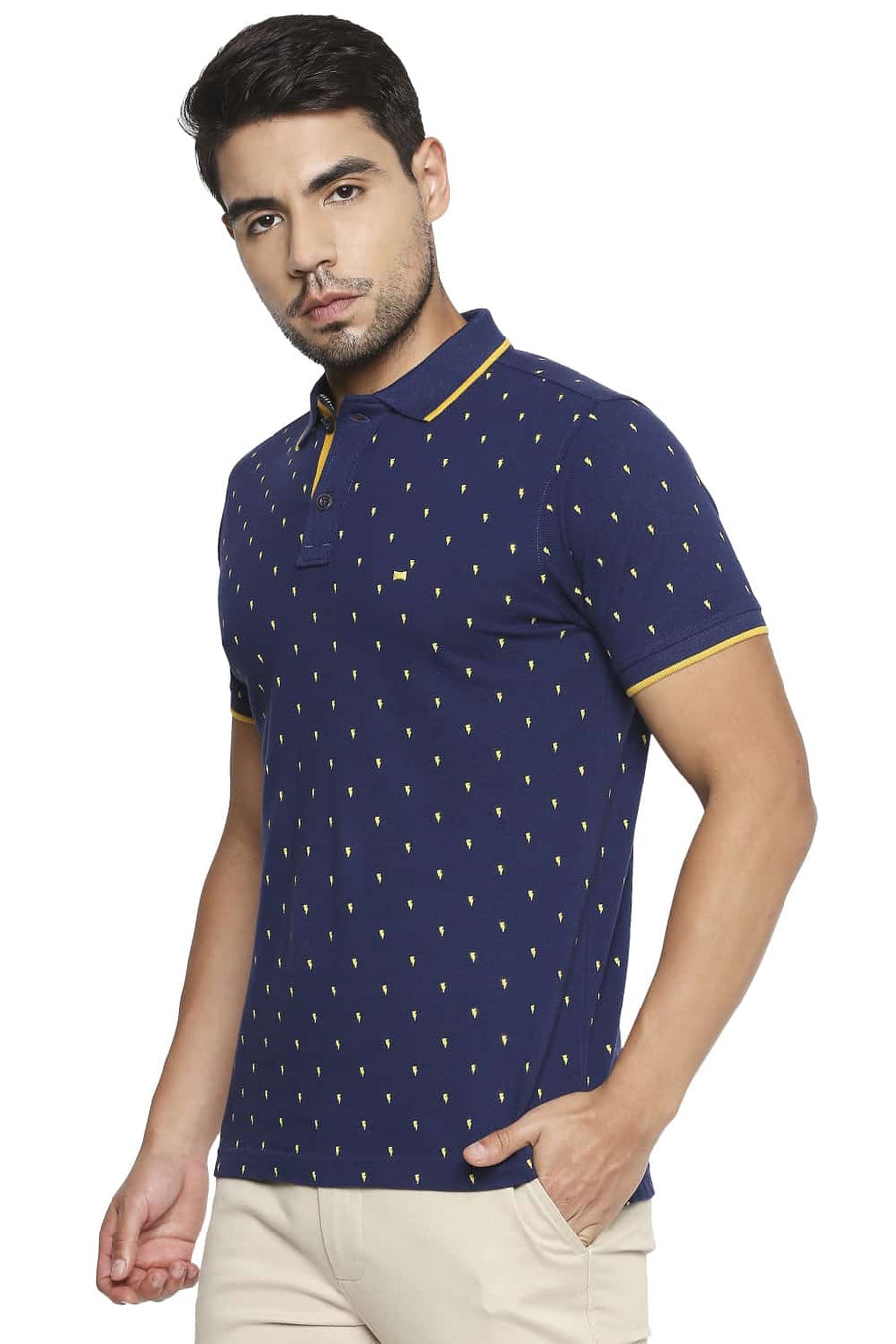 BASICS MUSCLE FIT MEDIEVAL BLUE PRINTED POLO T SHIRT