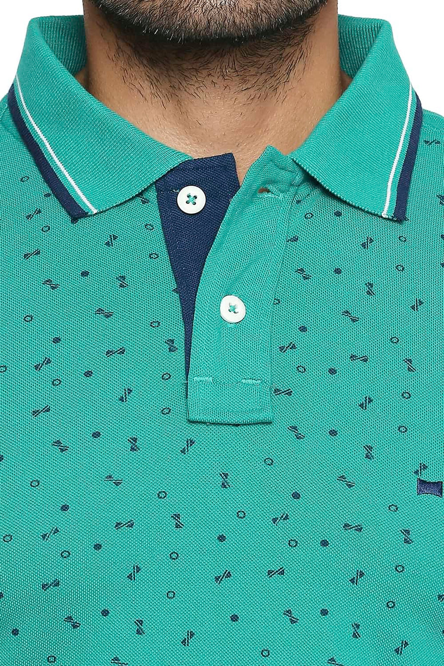 BASICS MUSCLE FIT PEACOCK GREEN PRINTED POLO T SHIRT