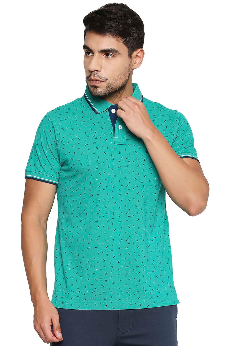 BASICS MUSCLE FIT PEACOCK GREEN PRINTED POLO T SHIRT