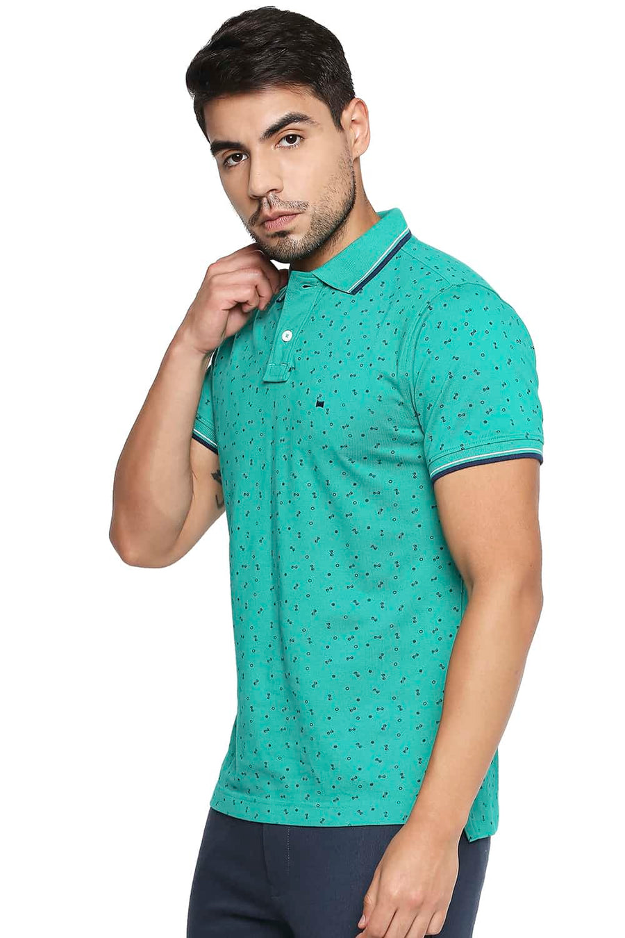 BASICS MUSCLE FIT PEACOCK GREEN PRINTED POLO T SHIRT