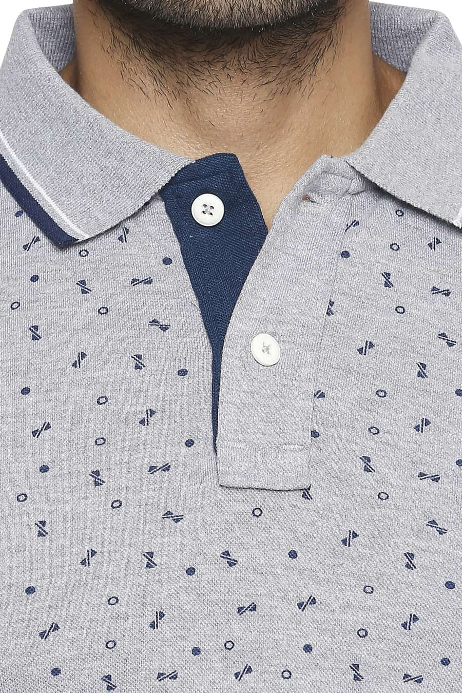BASICS MUSCLE FIT HEATHER GREY PRINTED POLO T SHIRT