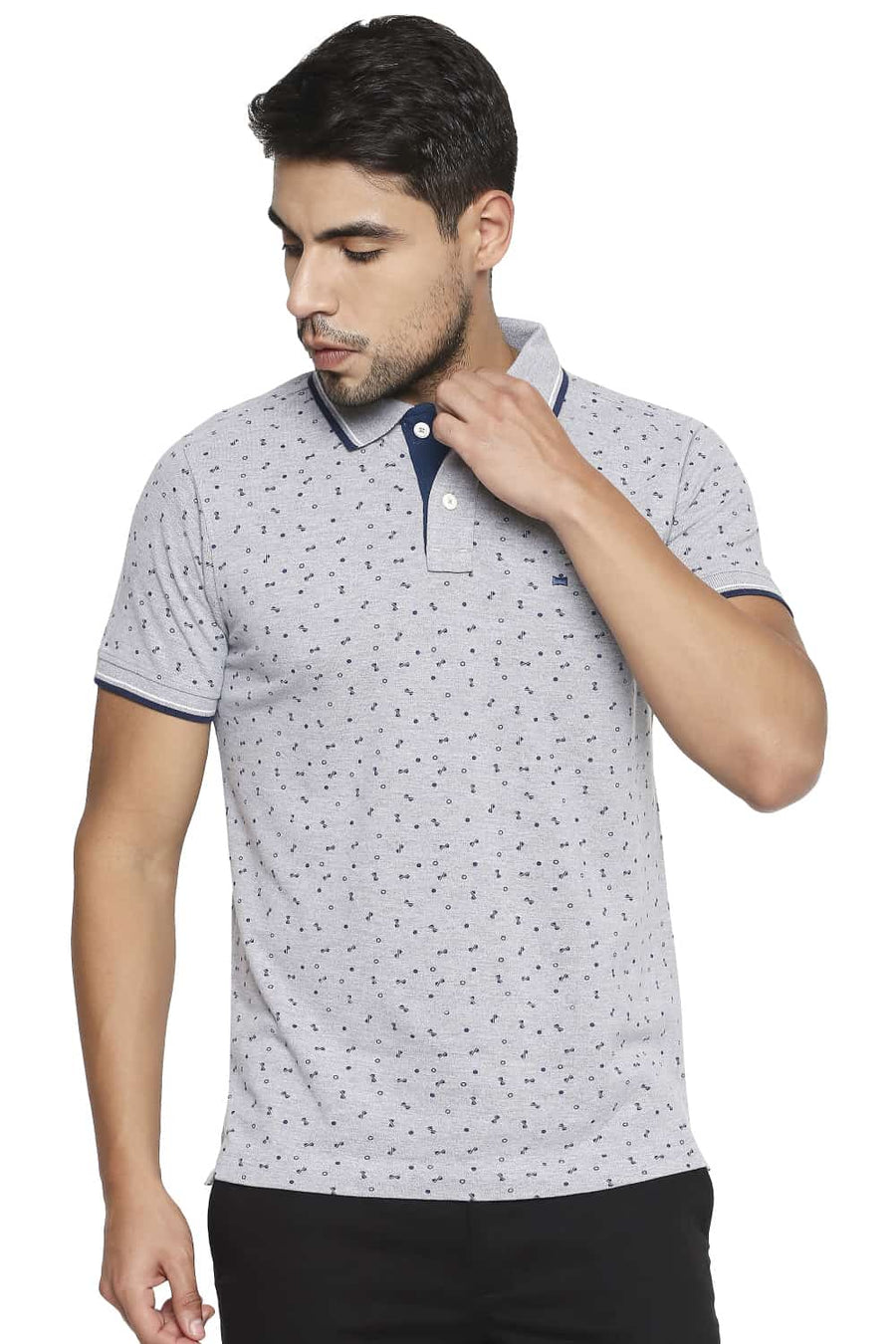 BASICS MUSCLE FIT HEATHER GREY PRINTED POLO T SHIRT