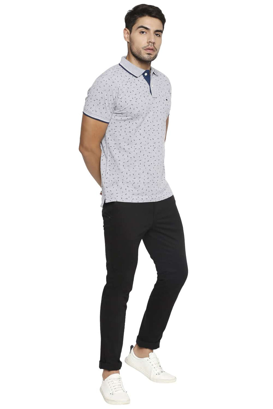 BASICS MUSCLE FIT HEATHER GREY PRINTED POLO T SHIRT