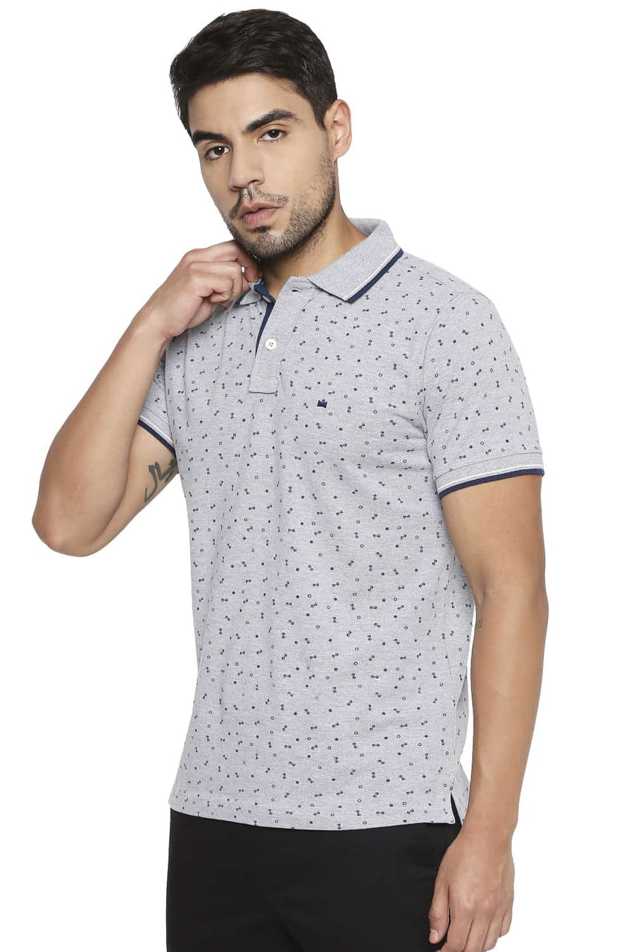 BASICS MUSCLE FIT HEATHER GREY PRINTED POLO T SHIRT