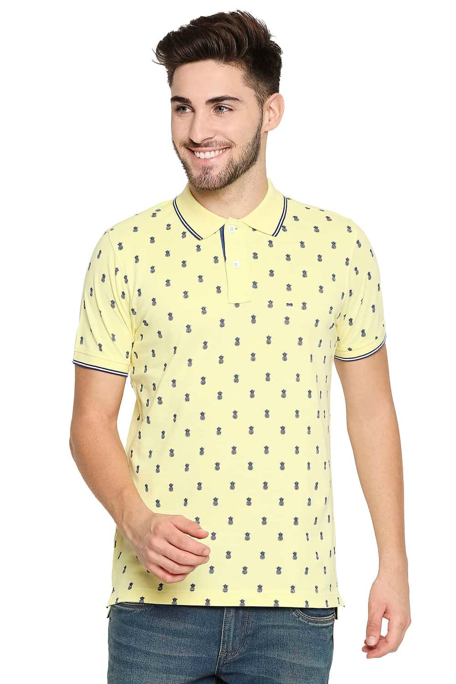 BASICS MUSCLE FIT YELLOW IRIS PRINTED POLO T-SHIRT