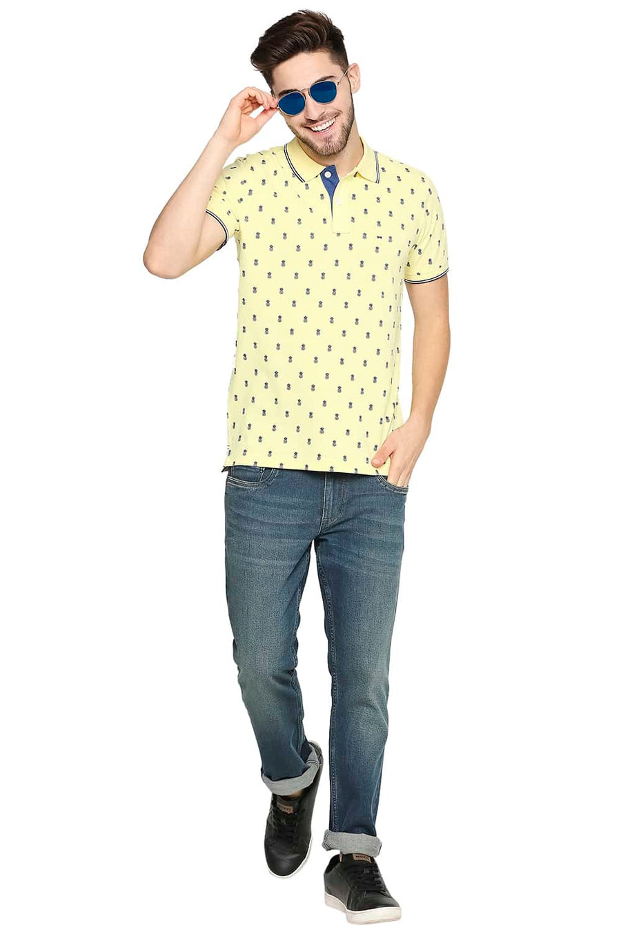 BASICS MUSCLE FIT YELLOW IRIS PRINTED POLO T-SHIRT
